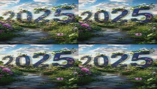 【4K高清】花丛中的2025新年标志标识高清在线视频素材下载