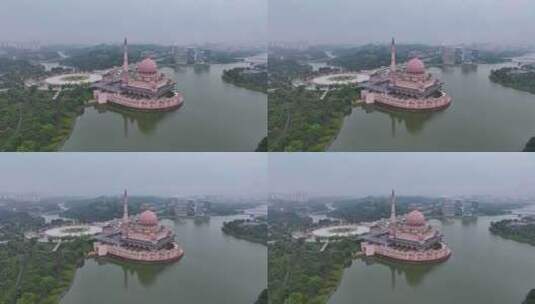 马来西亚布城粉色水上清真寺建筑景观航拍高清在线视频素材下载