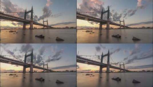 4K哈尔滨阳明滩大桥轨道日落移动延时摄影高清在线视频素材下载