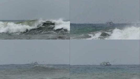 在暴风海浪里行驶的渔船高清在线视频素材下载