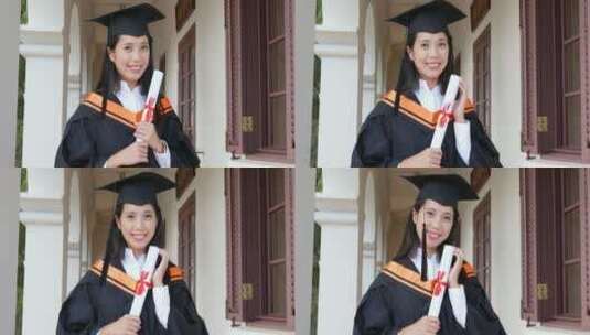 穿着毕业礼服拿着文凭证书的女生高清在线视频素材下载