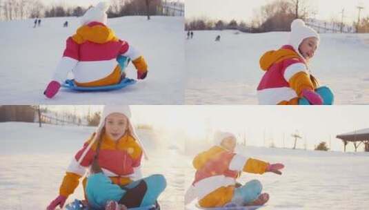 冬季小女孩在公园里滑雪高清在线视频素材下载