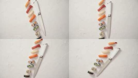 特写日本刀和寿司卷高清在线视频素材下载