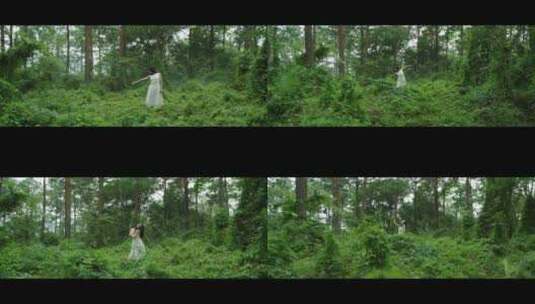 白色连衣裙女子在森林里跳舞高清在线视频素材下载