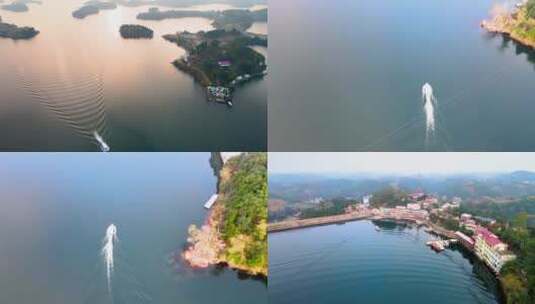 4k航拍生态河林湖泊岛屿日出日落游艇美景高清在线视频素材下载