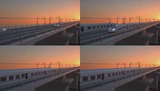 夕阳日落时分快速驶过复兴号高铁和谐号动车高清在线视频素材下载