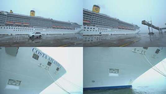 天津港码头停靠的大型邮轮 车从船侧驶过高清在线视频素材下载