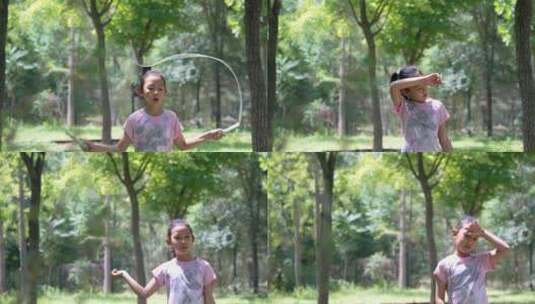 在树林中跳绳的东方女孩高清在线视频素材下载