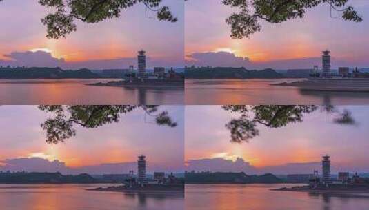 紫色日落海边灯塔（音频无版权）高清在线视频素材下载