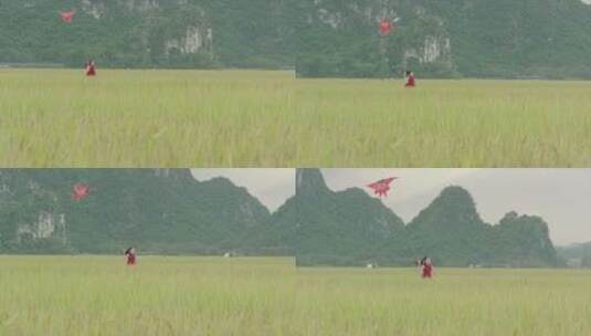 田地间放风筝的小女孩2高清在线视频素材下载