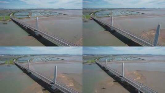 航拍山东文登南海的香水河大桥高清在线视频素材下载