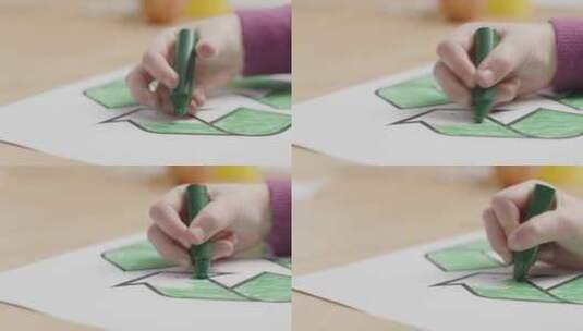 儿童使用绿色蜡笔高清在线视频素材下载
