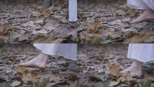 女孩赤脚在山林行走高清在线视频素材下载