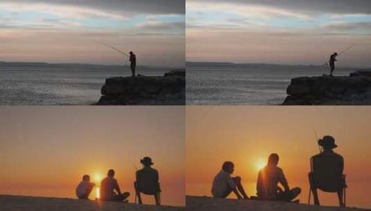 夕阳下父子在海滩钓鱼剪影高清在线视频素材下载