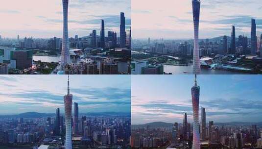 广州城市地标广州塔落日蓝调航拍高清4K视频高清在线视频素材下载