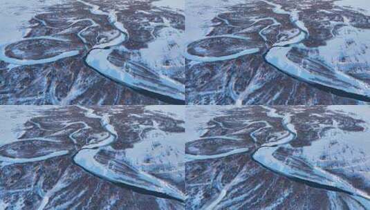 航拍冰雪覆盖的湿地河湾高清在线视频素材下载
