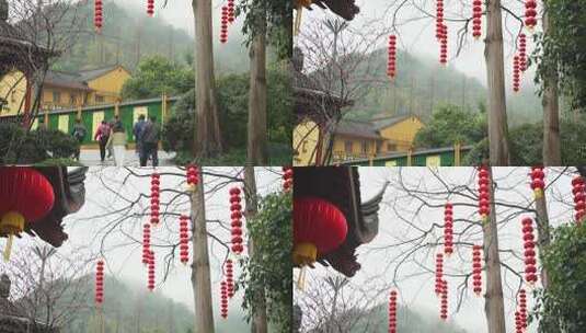 下雨天杭州上天竺寺庙树上挂着灯笼高清在线视频素材下载