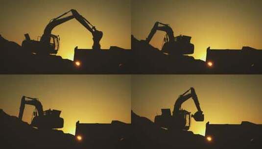 阳光下工作的挖掘机剪影高清在线视频素材下载