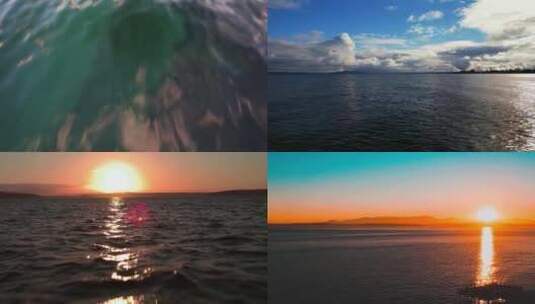 航拍海平面海上夕阳落日海浪海鸟日出合集高清在线视频素材下载