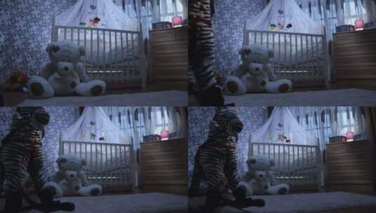 婴儿床靠近房间里的玩具熊高清在线视频素材下载