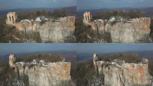 斯洛伐克布拉迪斯拉发地区悬崖顶部帕伊斯顿城堡的无人机镜头高清在线视频素材下载