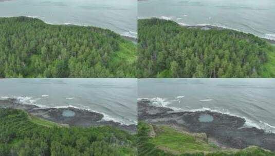 海岸森林礁石沙滩大海边树林航拍海岸线森林高清在线视频素材下载