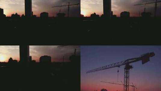 建筑工地航拍夕阳日落城市建设高清在线视频素材下载