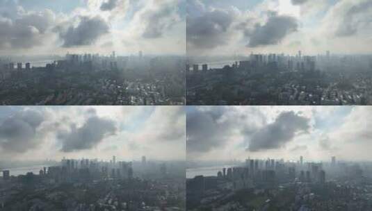 武汉城市日出航拍武昌区城市风光建筑剪影高清在线视频素材下载