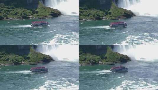 晴天双体船驶向马蹄瀑布的跟踪镜头高清在线视频素材下载