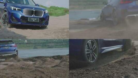 宝马汽车广告泥泞沙石道路卷起泥沙尘土飞扬高清在线视频素材下载
