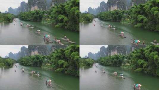 航拍桂林遇龙河竹筏漂流高清在线视频素材下载