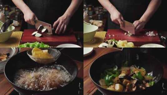 传统东北菜-地三鲜烹饪过程及配菜高清在线视频素材下载