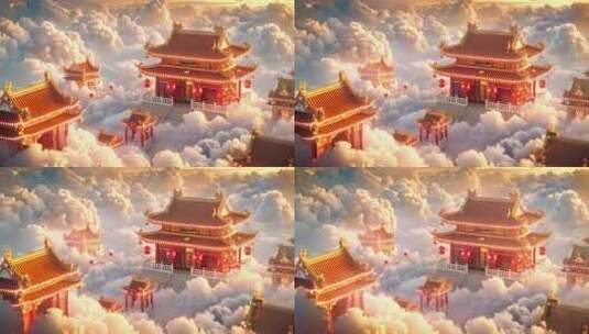 国风场景，云端之上的仙宫古代建筑群高清在线视频素材下载