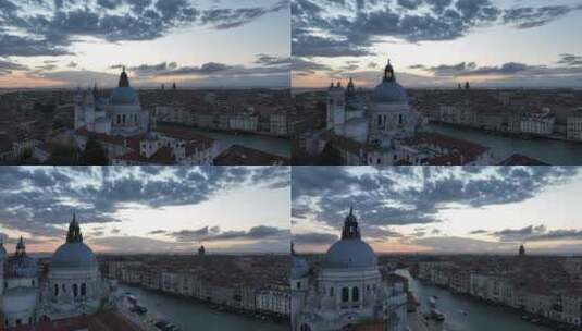 日落或夜晚的电影空中威尼斯城市景观地标高清在线视频素材下载