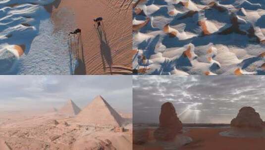 航拍情侣牵着骆驼走在沙漠中金字塔沙丘阳光高清在线视频素材下载