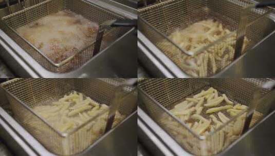 用油炸锅油炸新鲜薯条的过程高清在线视频素材下载