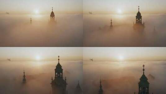 波兰克拉科夫雾蒙蒙的日出中的瓦维尔城堡高清在线视频素材下载