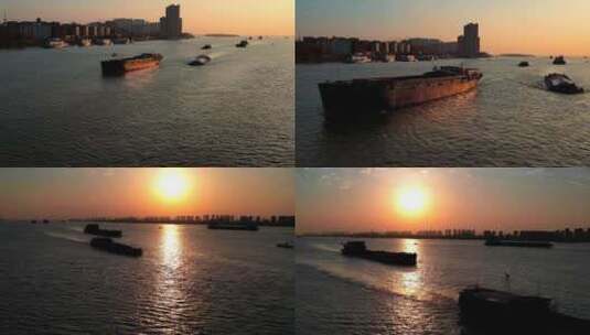 南京长江夕阳下的江面货船来往穿梭高清在线视频素材下载