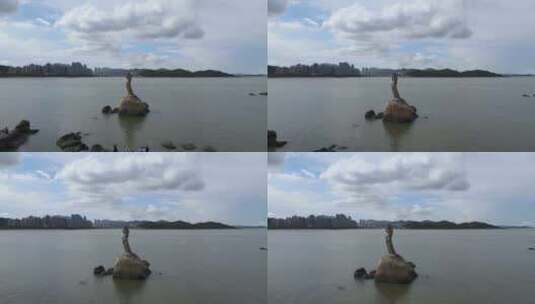 航拍广东珠海旅游地标珠海渔女雕像海景高清在线视频素材下载