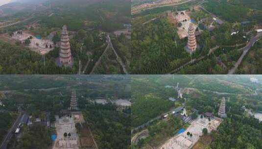 河北邯郸响堂山石窟常乐寺清晨风光航拍合集高清在线视频素材下载