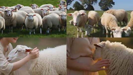 女子抚摸绵羊近景草原羊群羊毛特写高清在线视频素材下载