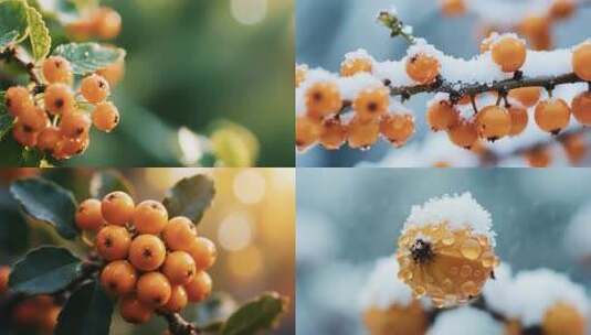 覆雪枝头的橙色果实特写高清在线视频素材下载