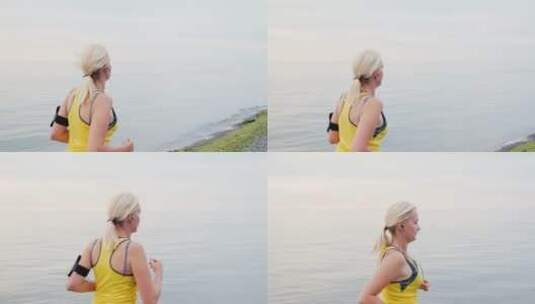 在湖边跑步的女人高清在线视频素材下载