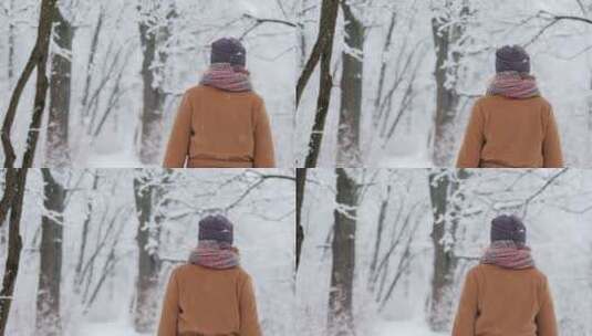 时尚女人走过白雪公园高清在线视频素材下载