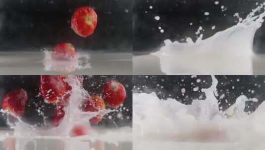 慢镜头拍摄新鲜爆浆草莓落入牛奶创意视频高清在线视频素材下载