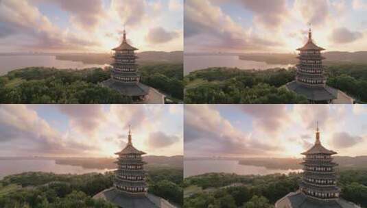 航拍杭州夕阳西湖风景区雷峰塔高清在线视频素材下载
