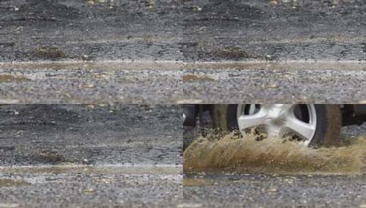 车子驶过泥坑溅起水花4k慢镜头高清在线视频素材下载