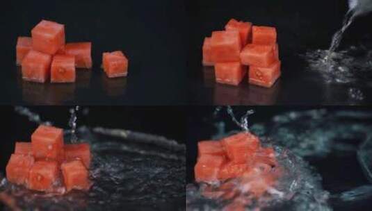 创意水果广告实拍水花西瓜方块泼水慢动作高清在线视频素材下载