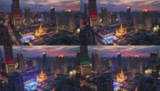 4K原创-上海展览中心日落火烧云夜景航拍高清在线视频素材下载