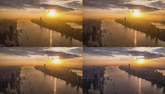 武汉城市高楼长江江面日出霞光金光延时航拍高清在线视频素材下载